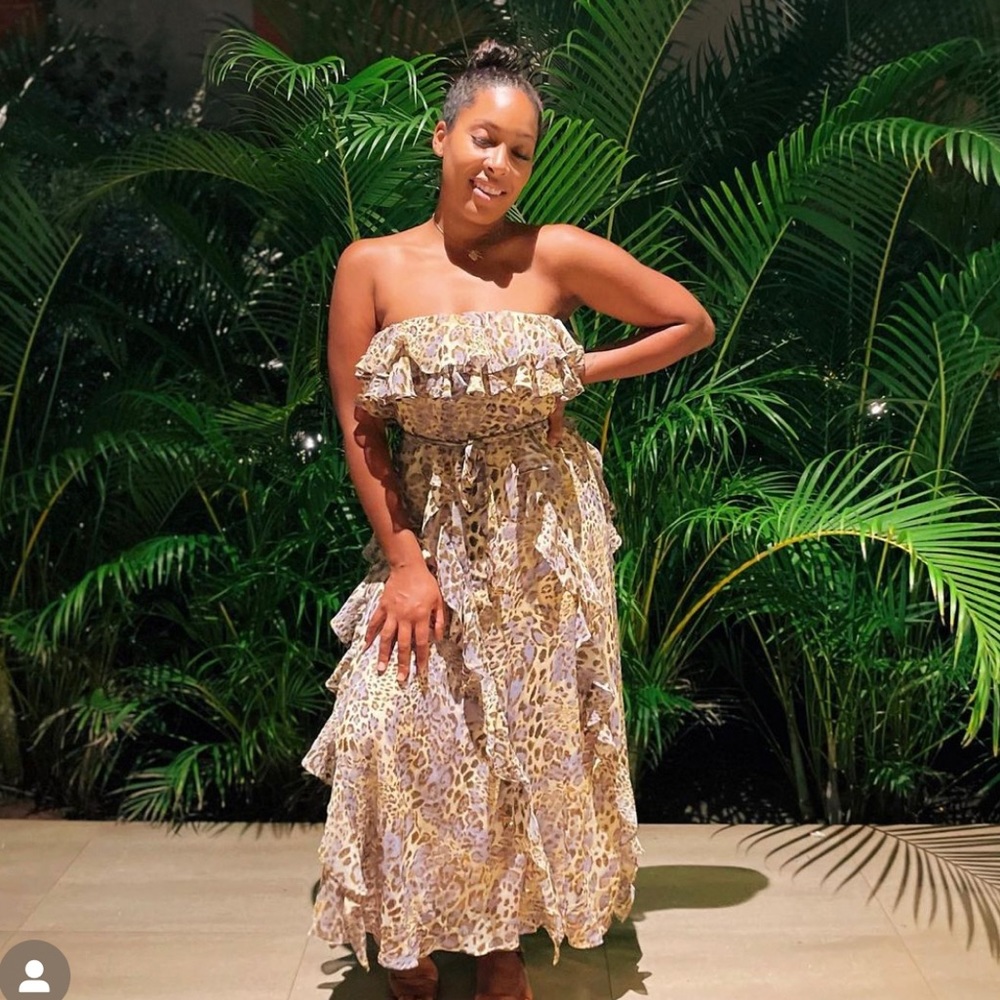 Bardot Rumi Leopard Print Strapless Chiffon MIDI Dress